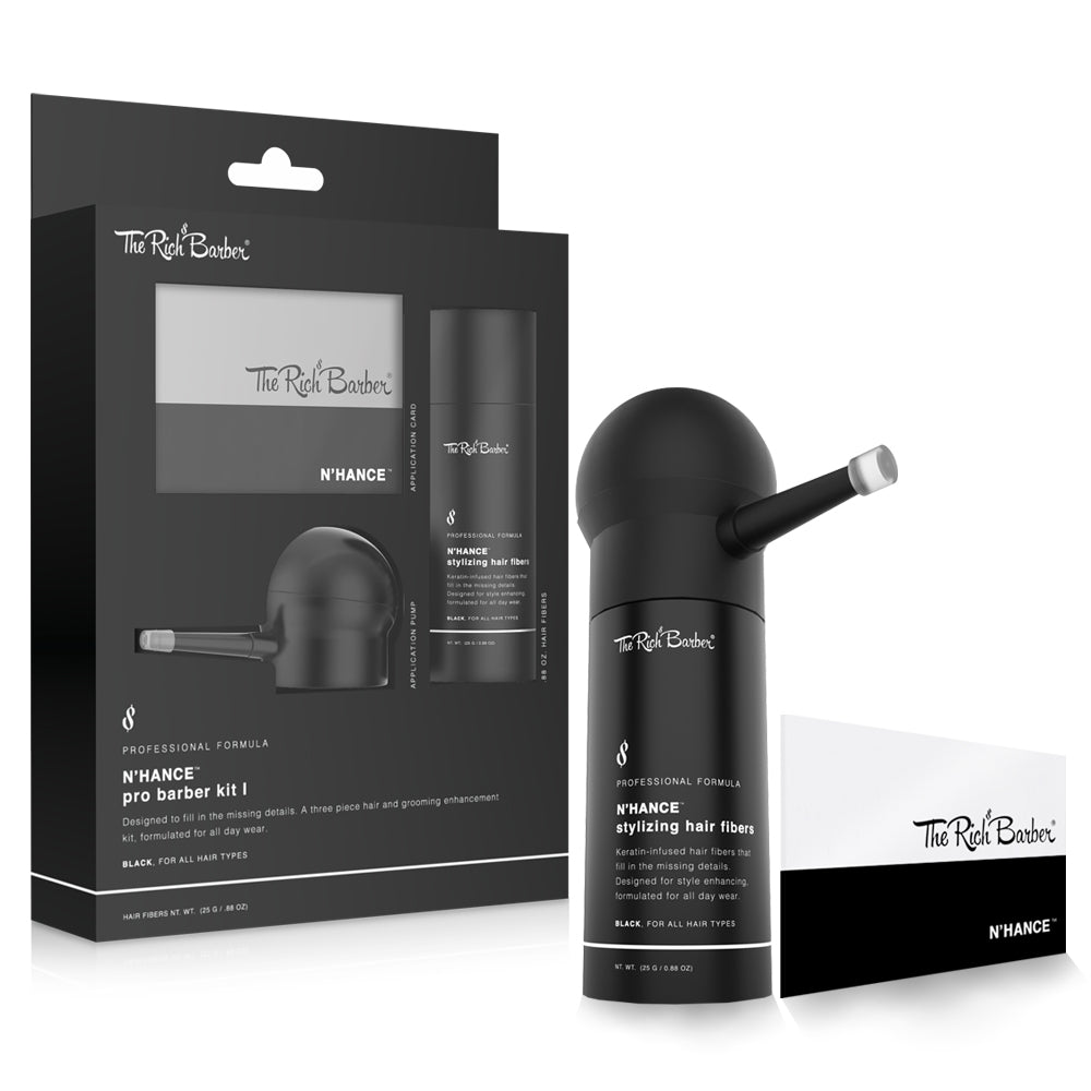 NHance Hair Fiber Spray Kit by The Rich Barber, Set Includes Thickening  Fibers, Hold Spray, Applicator & Application Card